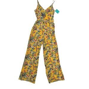 Forever 21 Beach Collection Jumpsuit Small Yellow Green Floral Cami Jumpsuit New